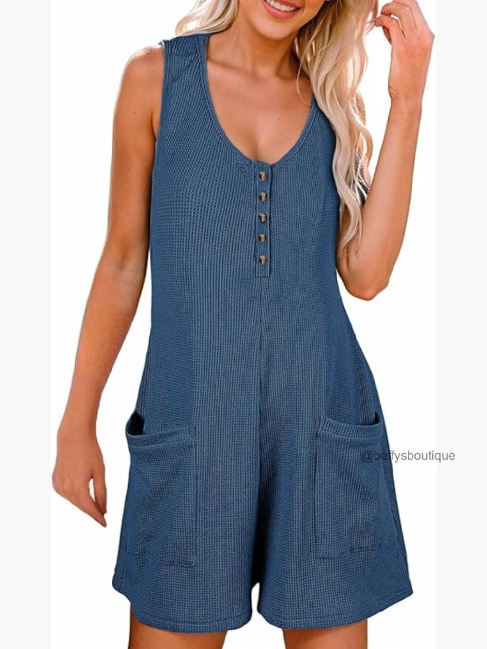 Womens Sleeveless Waffle Button Front Short Jumpsuit Romper with Pockets